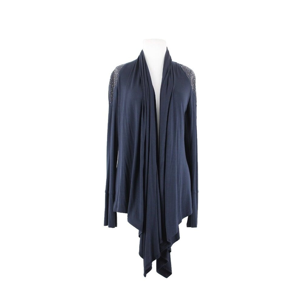 S Twelve $59 Sz M Navy Blue Gunmetal Studded Shoulders Collared Rayon Wrap - Picture 2 of 16